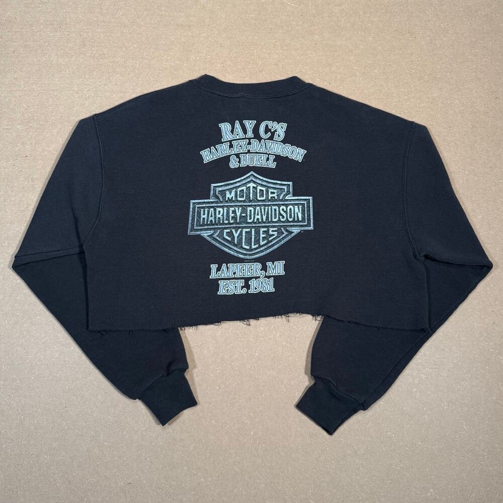 Vintage 2007 Harley Davidson Cropped Sweatshirt Lapeer MI Black Womens Medium - Picture 2 of 8